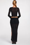 Sheer Jersey Low Rise Draped Maxi Skirt in Black