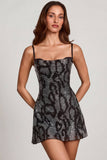 Embellished Cowl Neck A line Mini Dress in Silver Snake