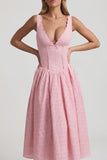 Broderie Anglaise Bow Detail A Line Midaxi Dress in Soft Pink