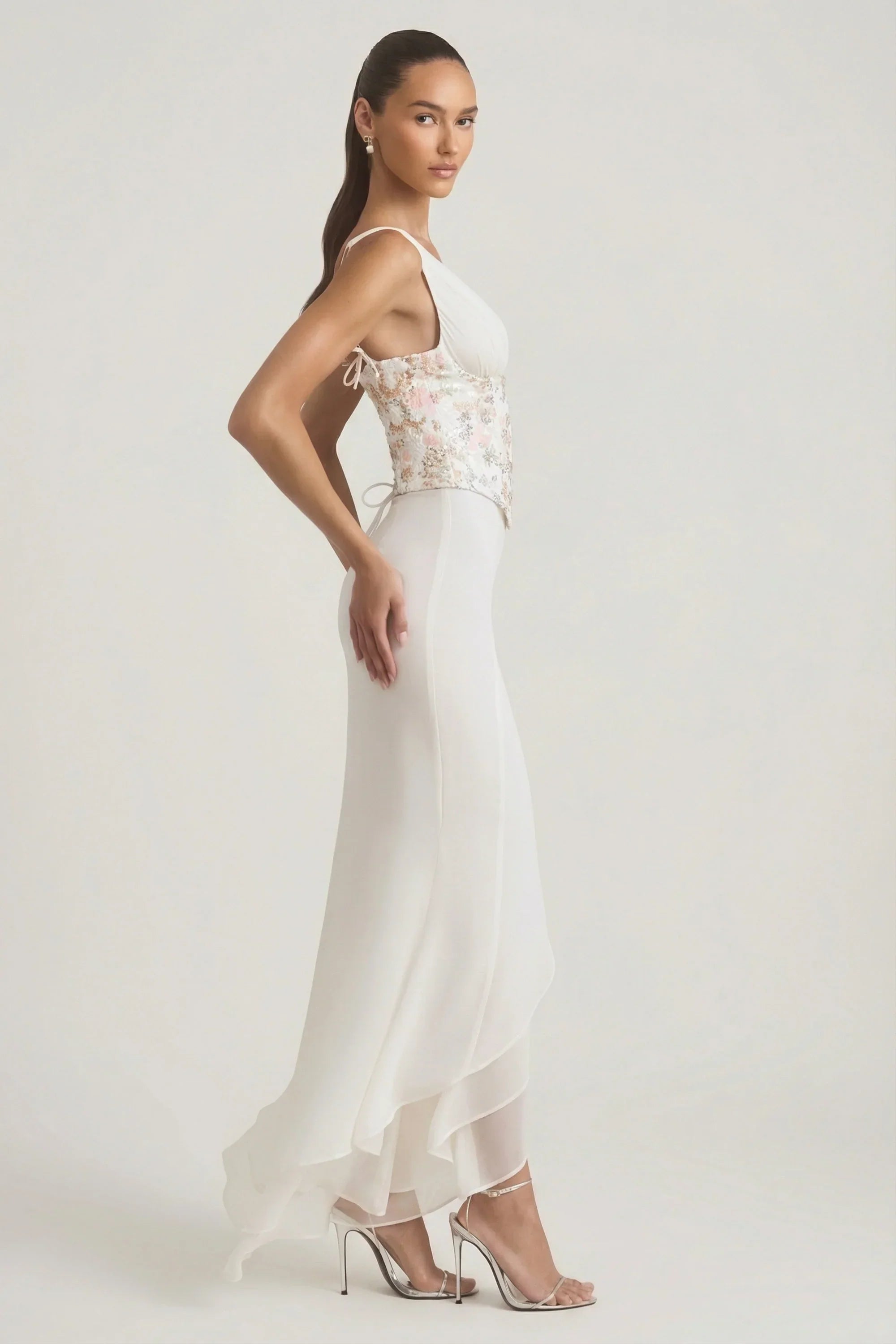 Embellished Plunge Ruffled Corset Maxi Dress in Ivory