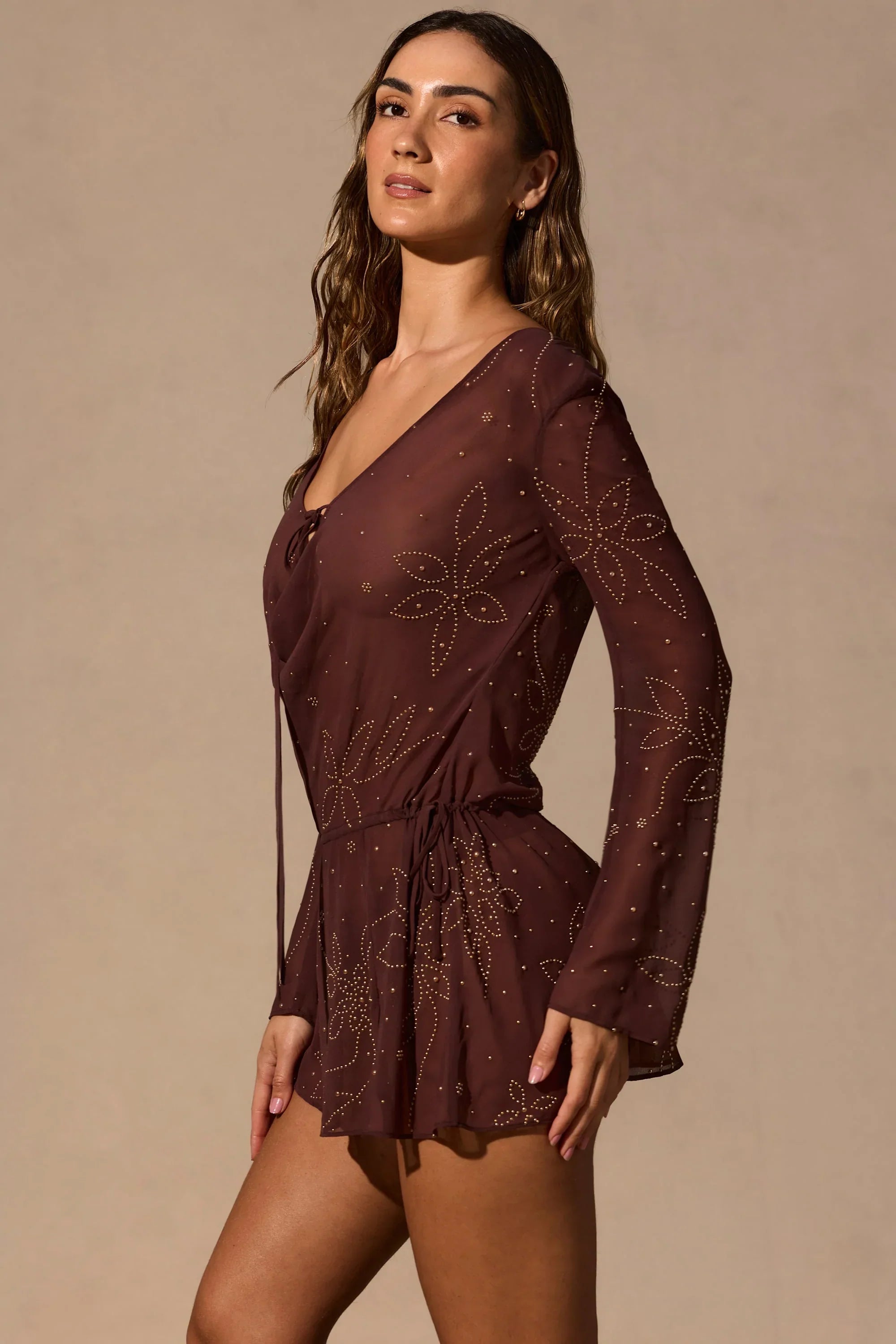 Long Sleeve Mini Dress in Espresso Brown