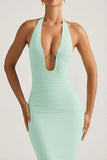 Ruched Backless Halterneck Gown in Mint