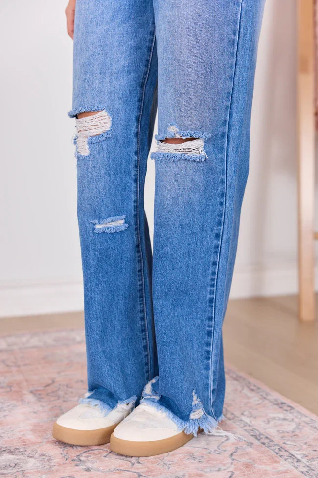 Ariel Medium Wash Distressed Wide Leg Jeans
