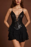 Embellished Lace Up Ruffle Mini Dress in Black Zebra