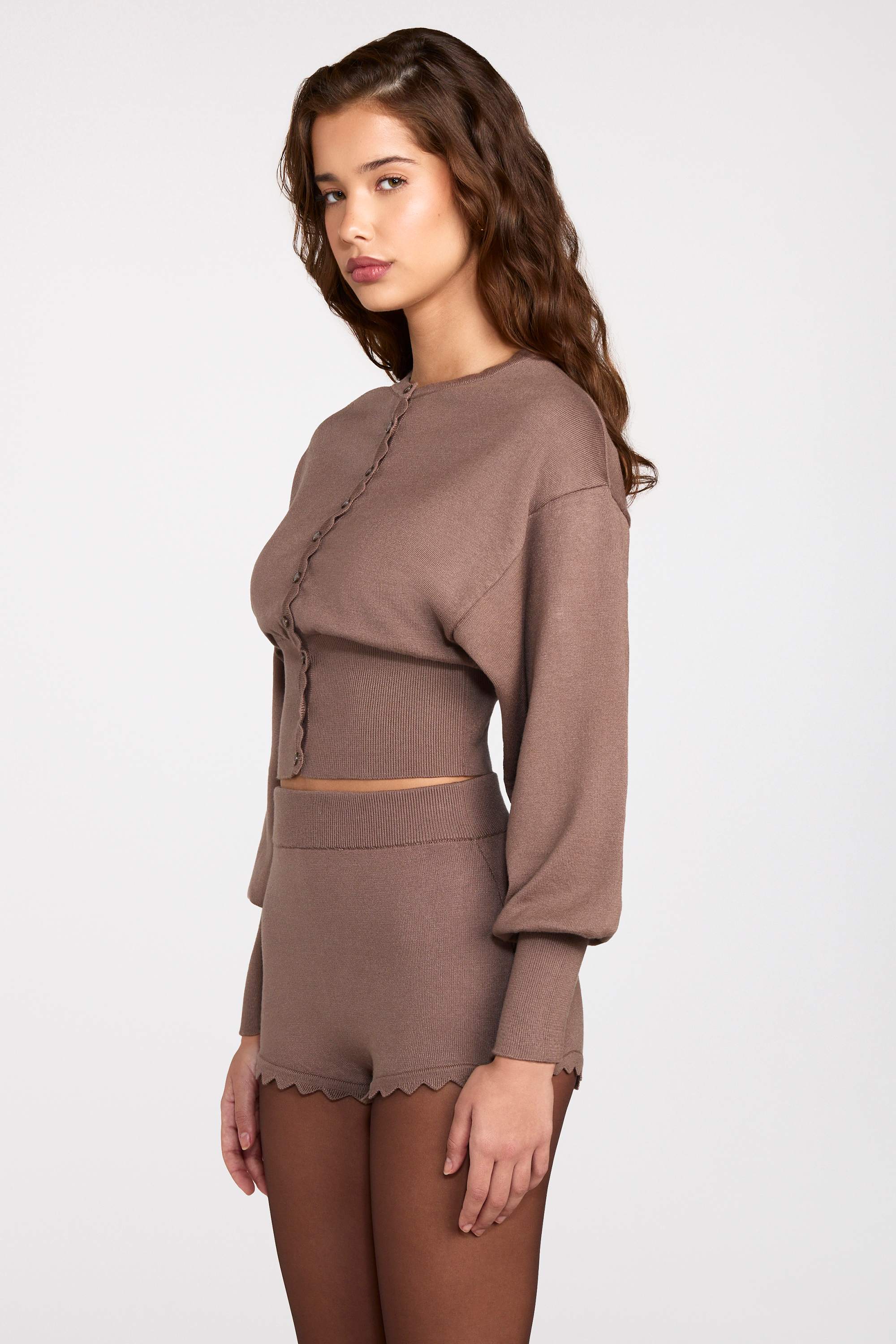 Knit Mid Rise Mini Shorts in Mocha