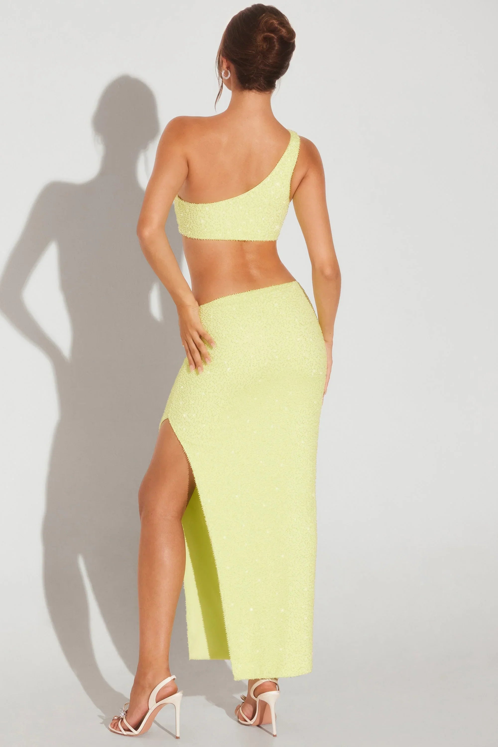 Embellished Side Split Maxi Skirt in Lime Green