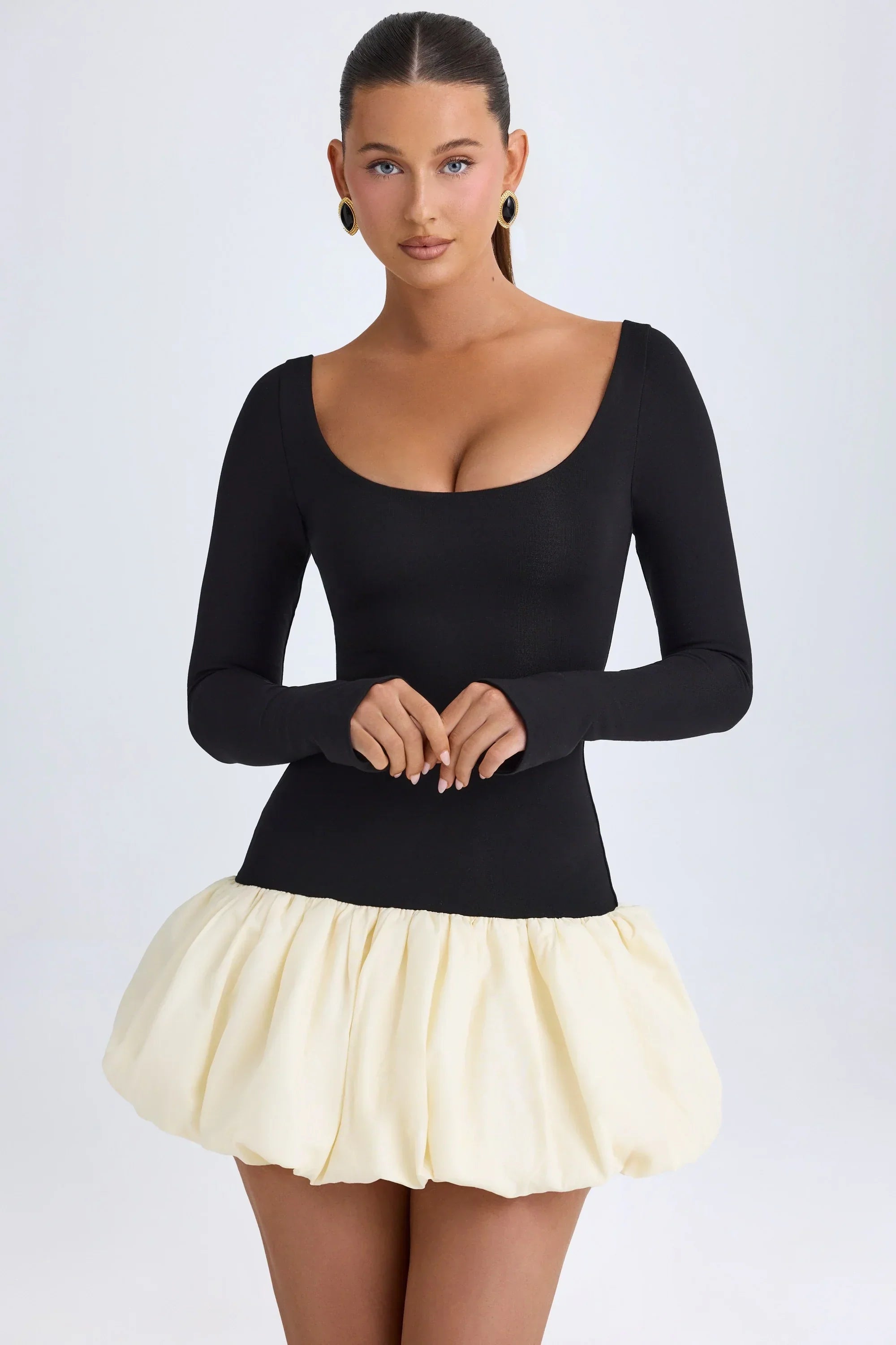 Modal Scoop Neck Drop Waist Bubble Hem Mini Dress in Vanilla