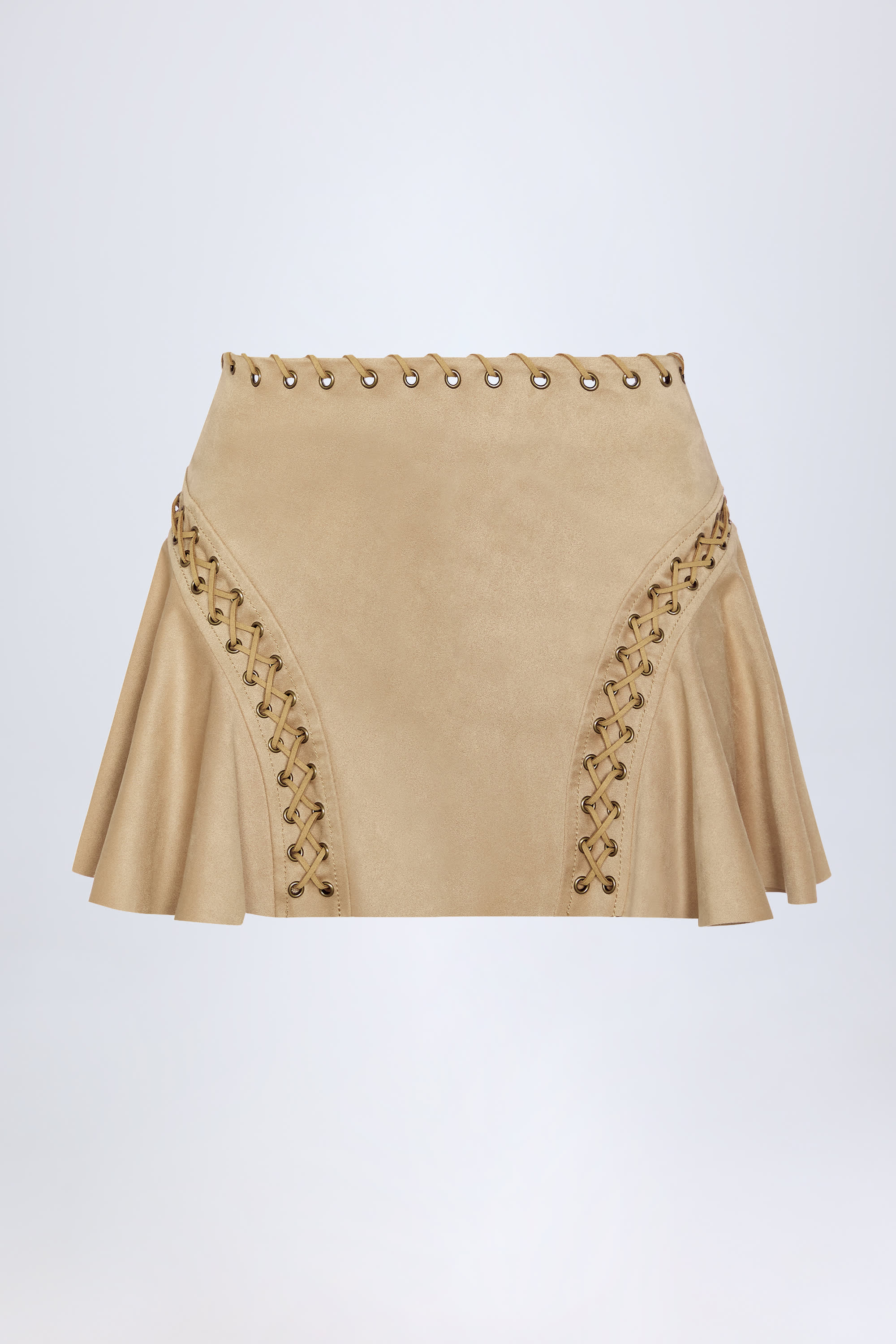 Lace Up Mid Rise Mini Skirt in Tan