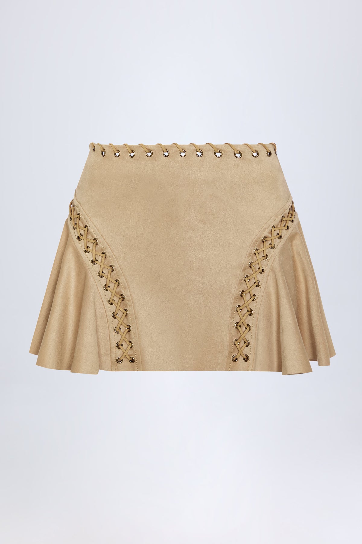 Lace Up Mid Rise Mini Skirt in Tan