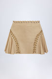 Lace Up Mid Rise Mini Skirt in Tan