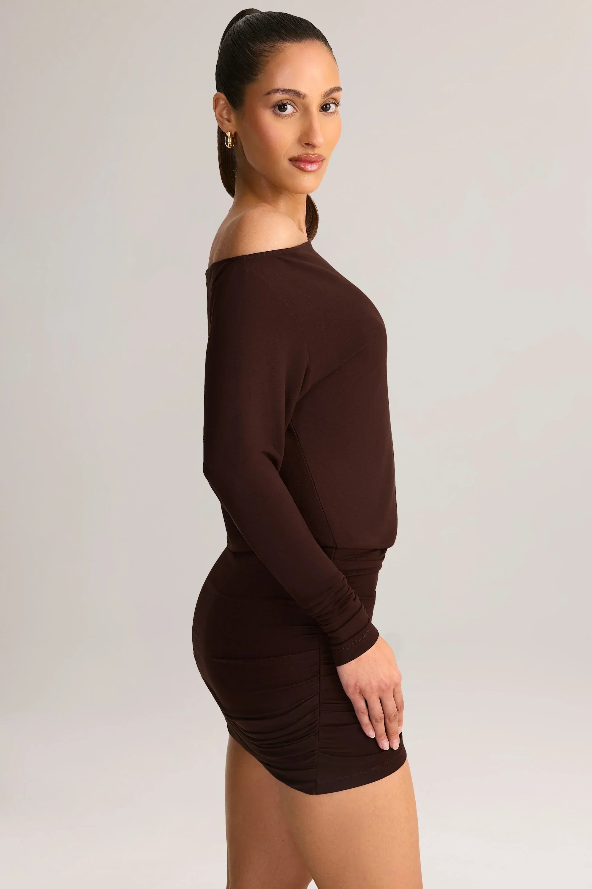 Modal Off Shoulder Wrap Mini Dress in Chocolate Brown