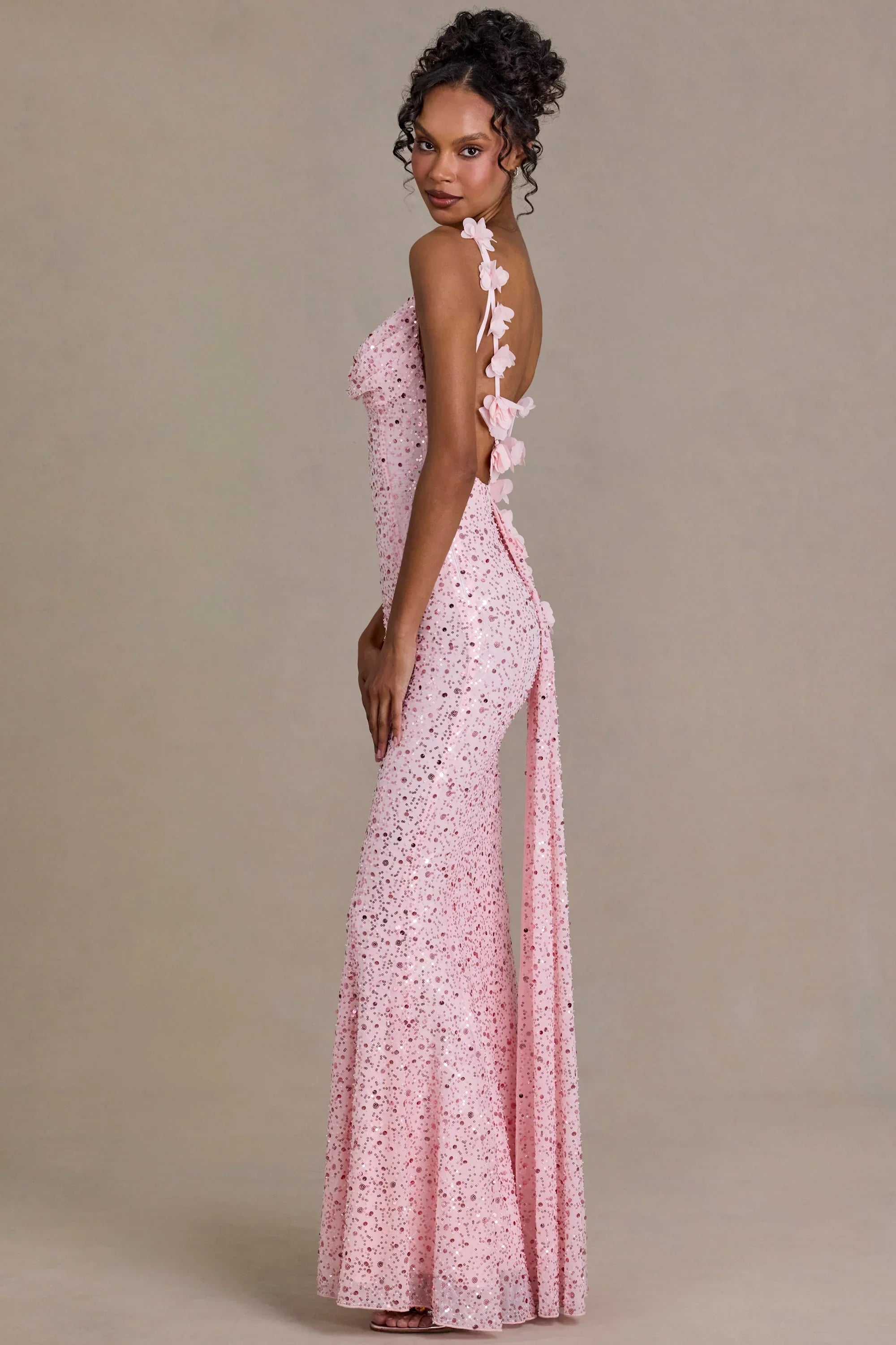Embellished Open Back Maxi Dress in Baby Pink