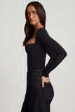 Soft Jersey Sweetheart Ruched Long Sleeve Top in Black