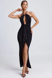 Hardware Detail Cut Out Halterneck Maxi Dress in Black