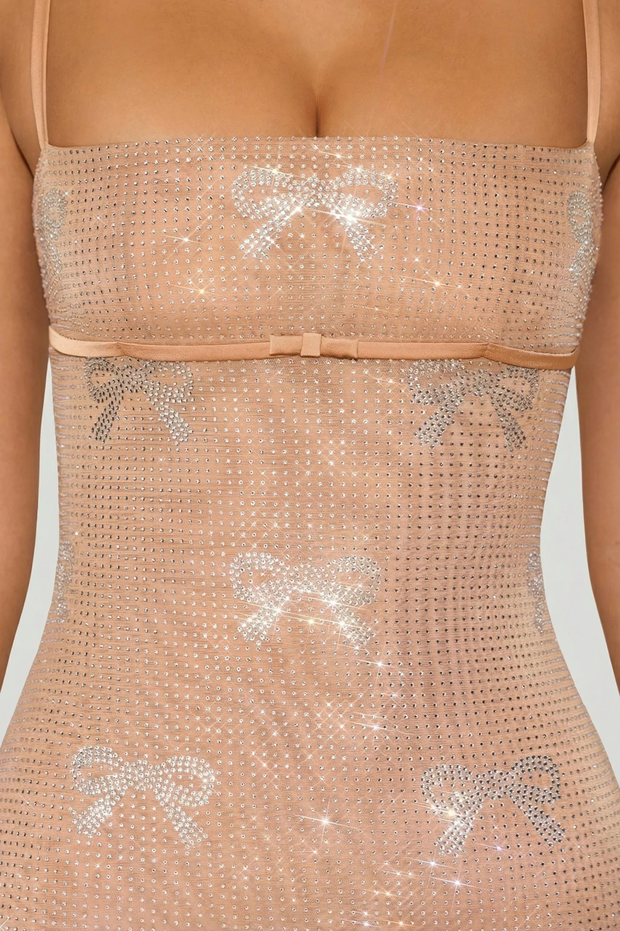 Embellished Bow Detail Mini Dress in Almond