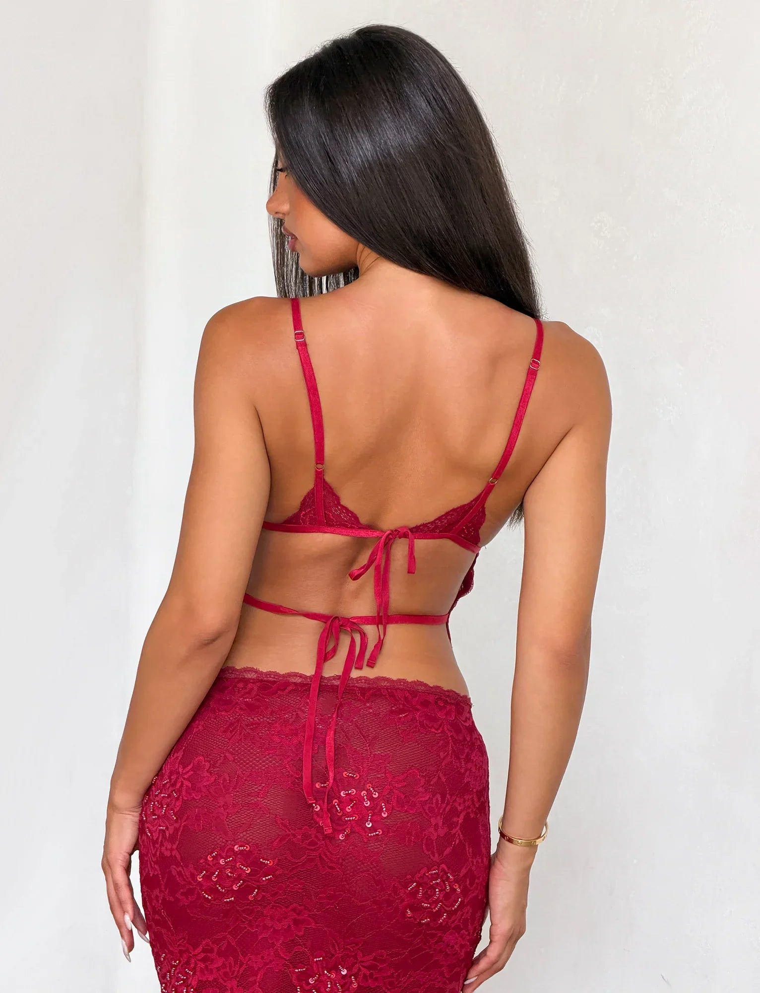 KIRRA BEADED SEQUIN LACE MIDI SKIRT RED