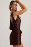 Draped Open Back A Line Mini Dress in Chocolate Brown