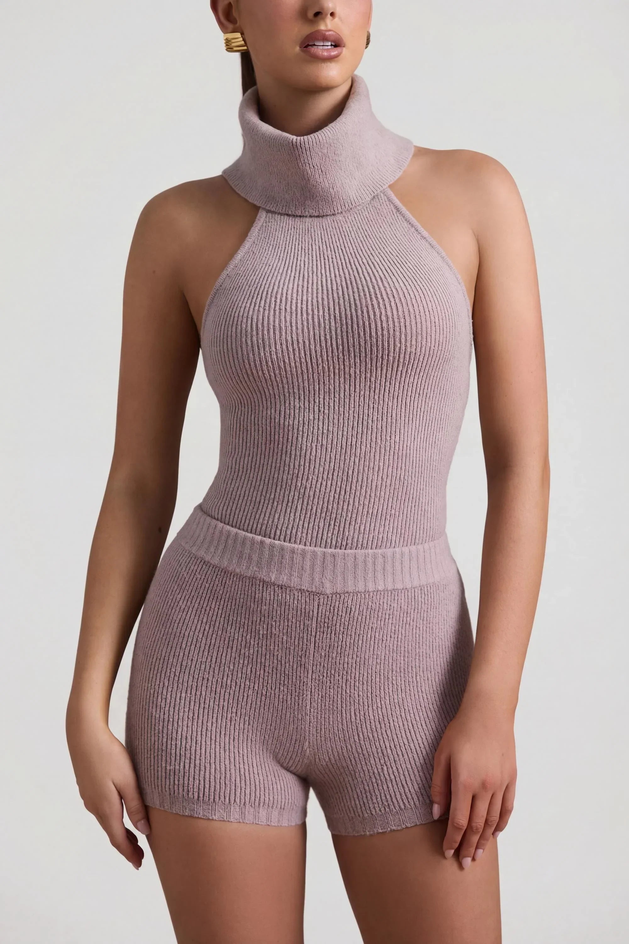 Ribbed Knit Turtleneck Backless Top in Taupe