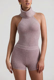 Ribbed Knit Turtleneck Backless Top in Taupe