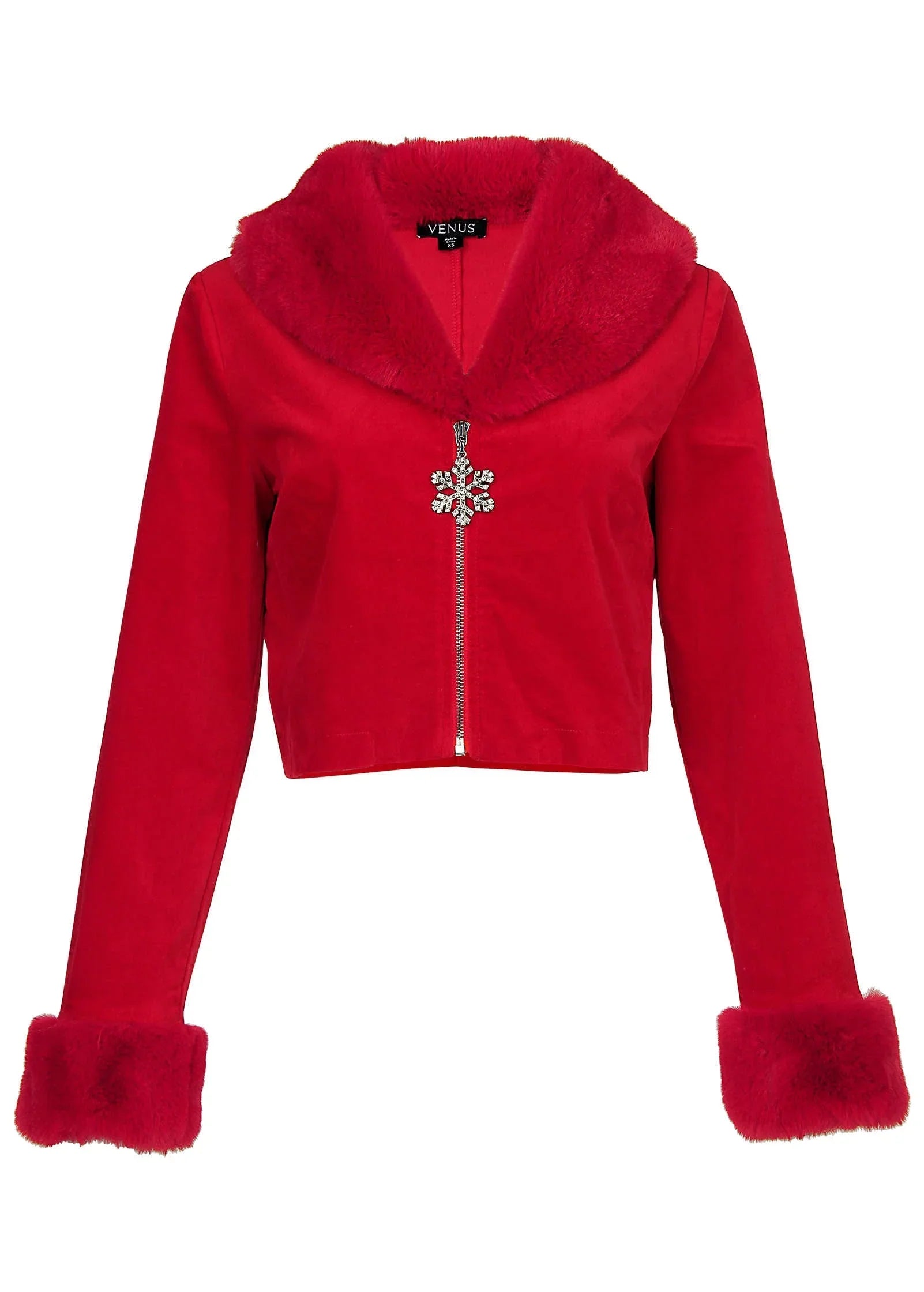Faux Fur Trim Velvet Coat Haute Red