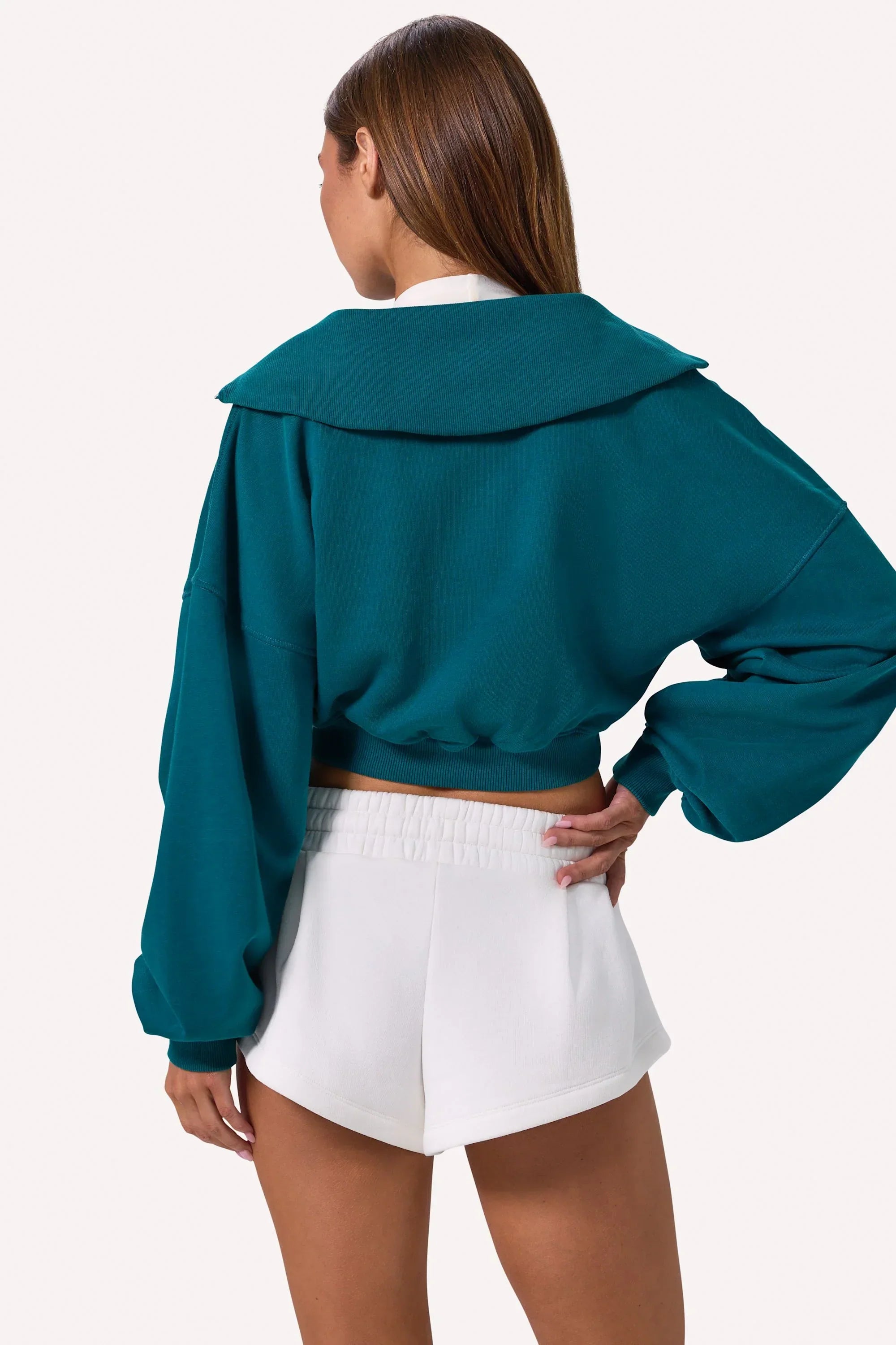 Quarter Zip Cropped Sweatshirt in Teal