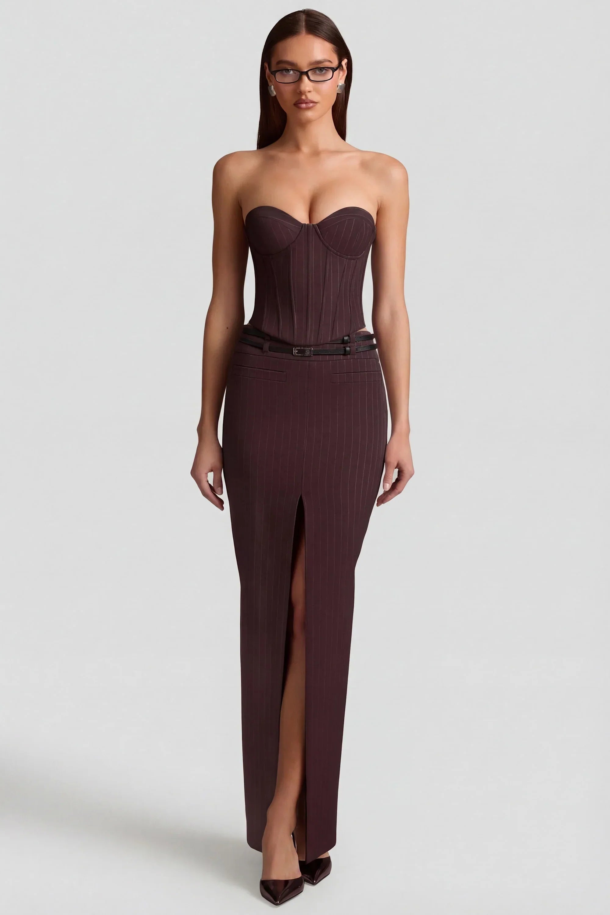Pinstripe Low Rise Maxi Skirt in Chocolate Brown