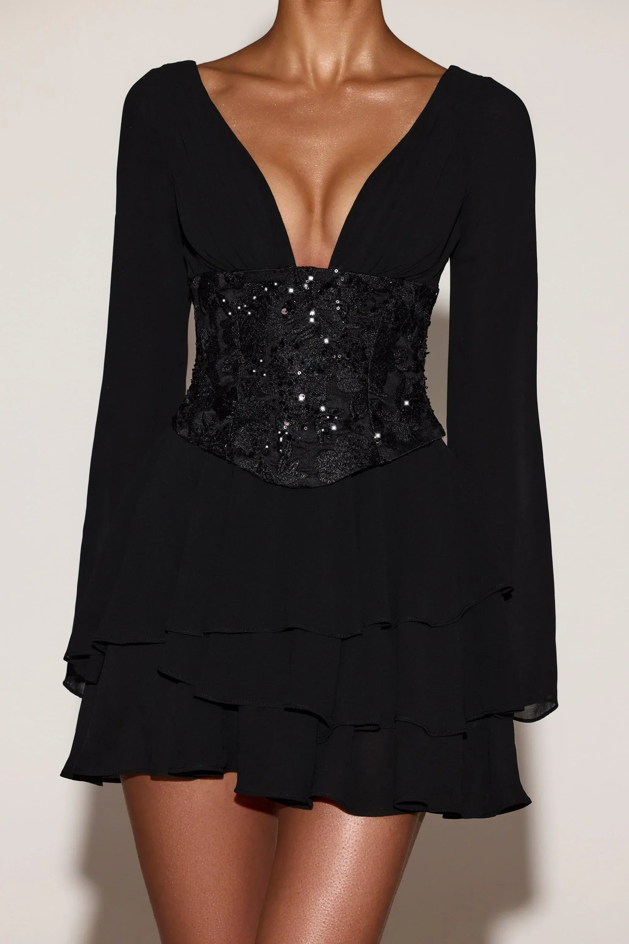Chiffon Embellished Corset A line Mini Dress in Black