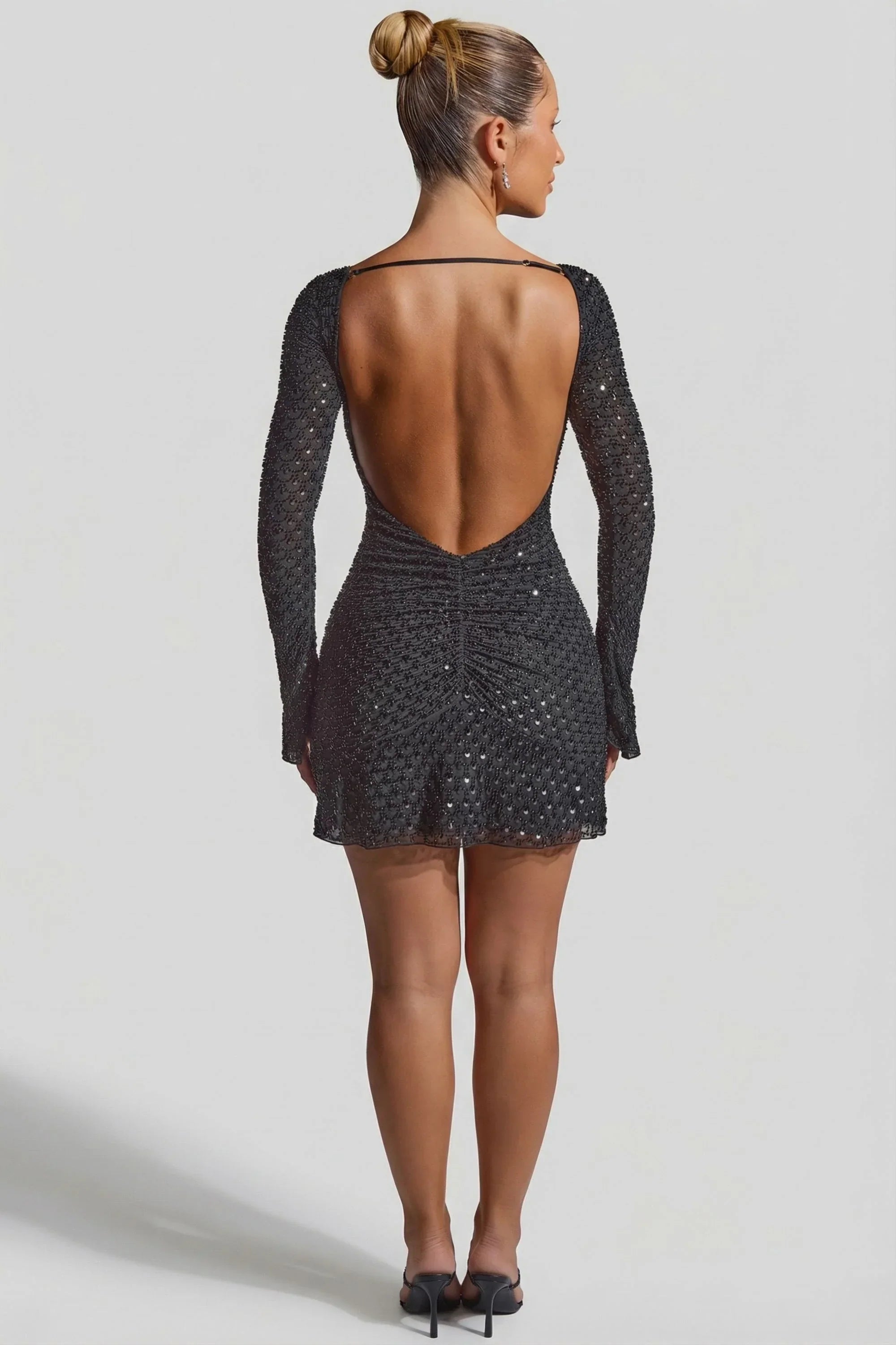 Embellished Open Back A Line Mini Dress in Black