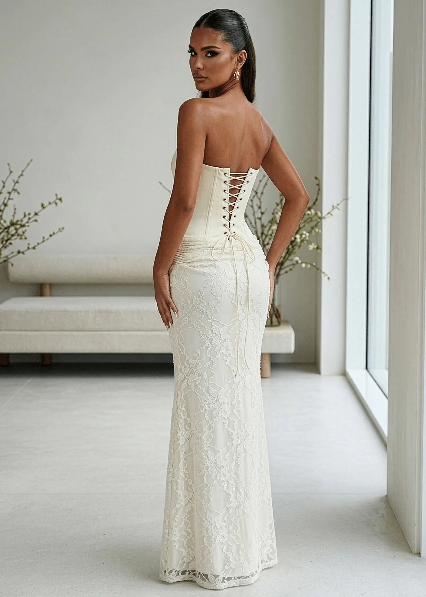 Delicate Desire Corset Lace Maxi Dress Ivory