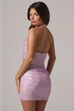 Embellished Cowl Neck Low Back Mini Dress in Pink