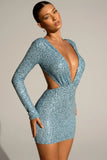 Embellished Cut Out Mini Dress in Light Blue
