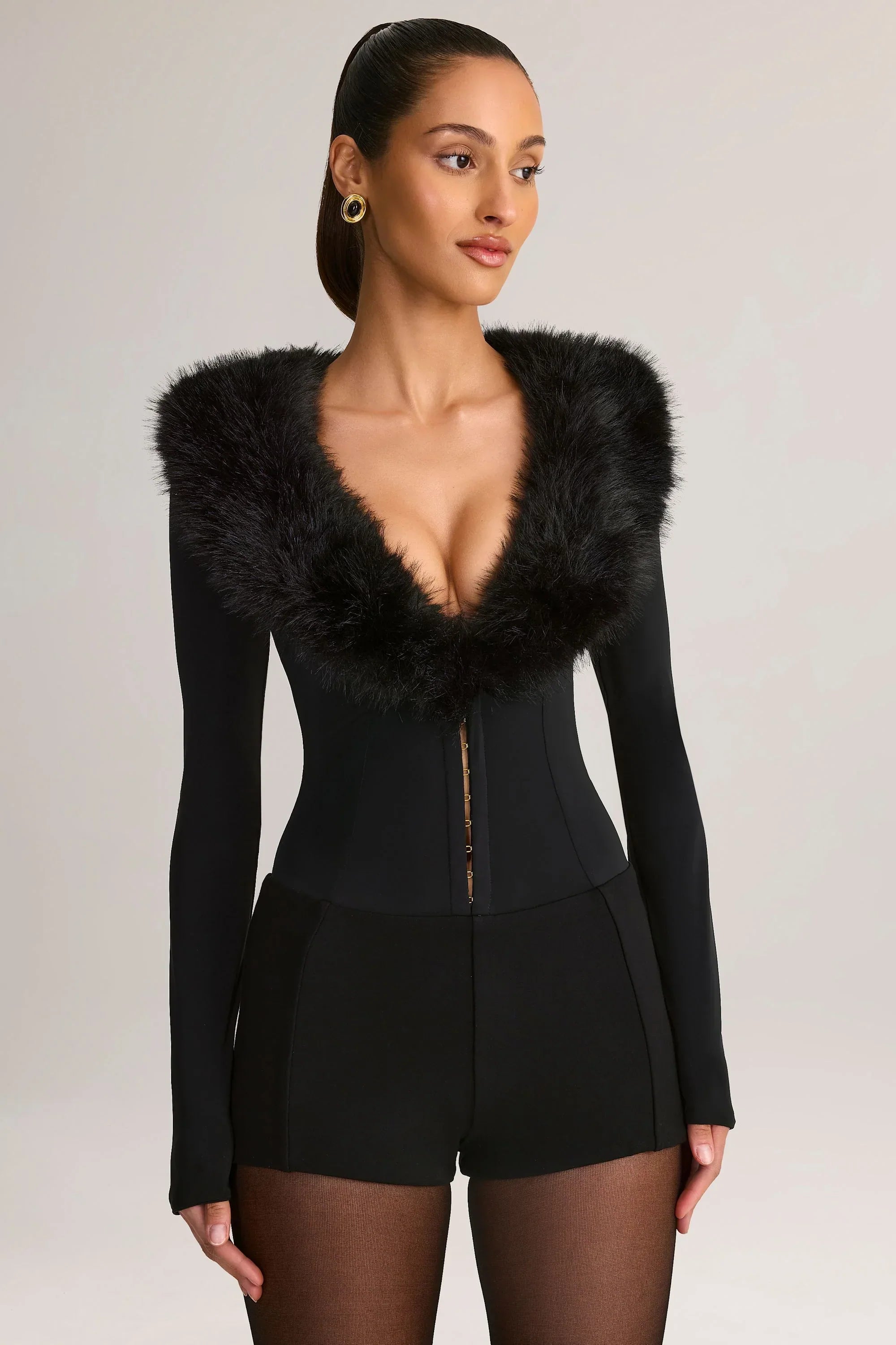 Faux Fur Trim Corset Playsuit in Black
