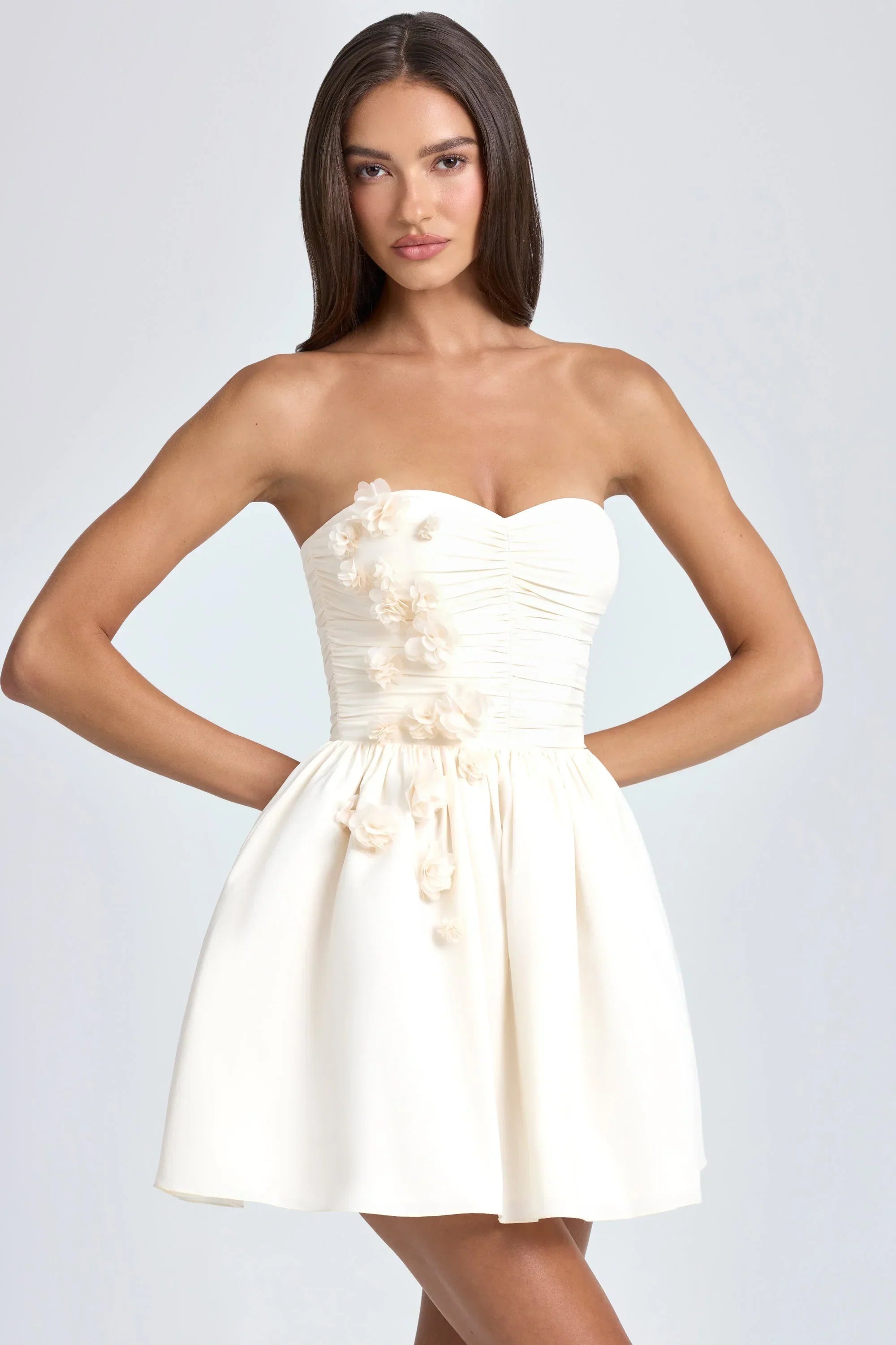 Bandeau Floral Appliqué Corset Mini Dress in Ivory