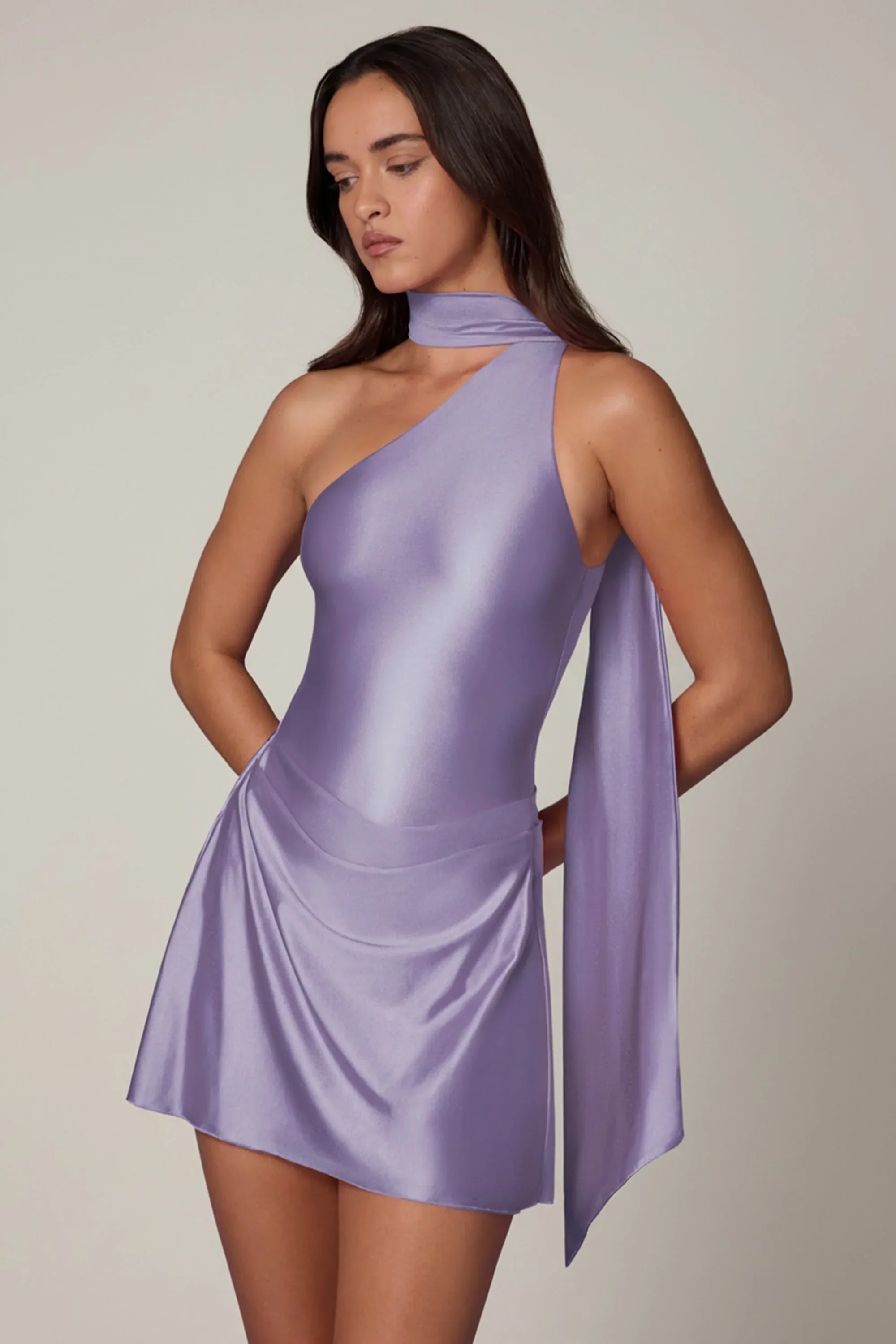 Asymmetric Scarf Detail Mini Dress in Lilac