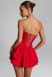 Ruffled Lace Up Corset Playsuit in Fire Red