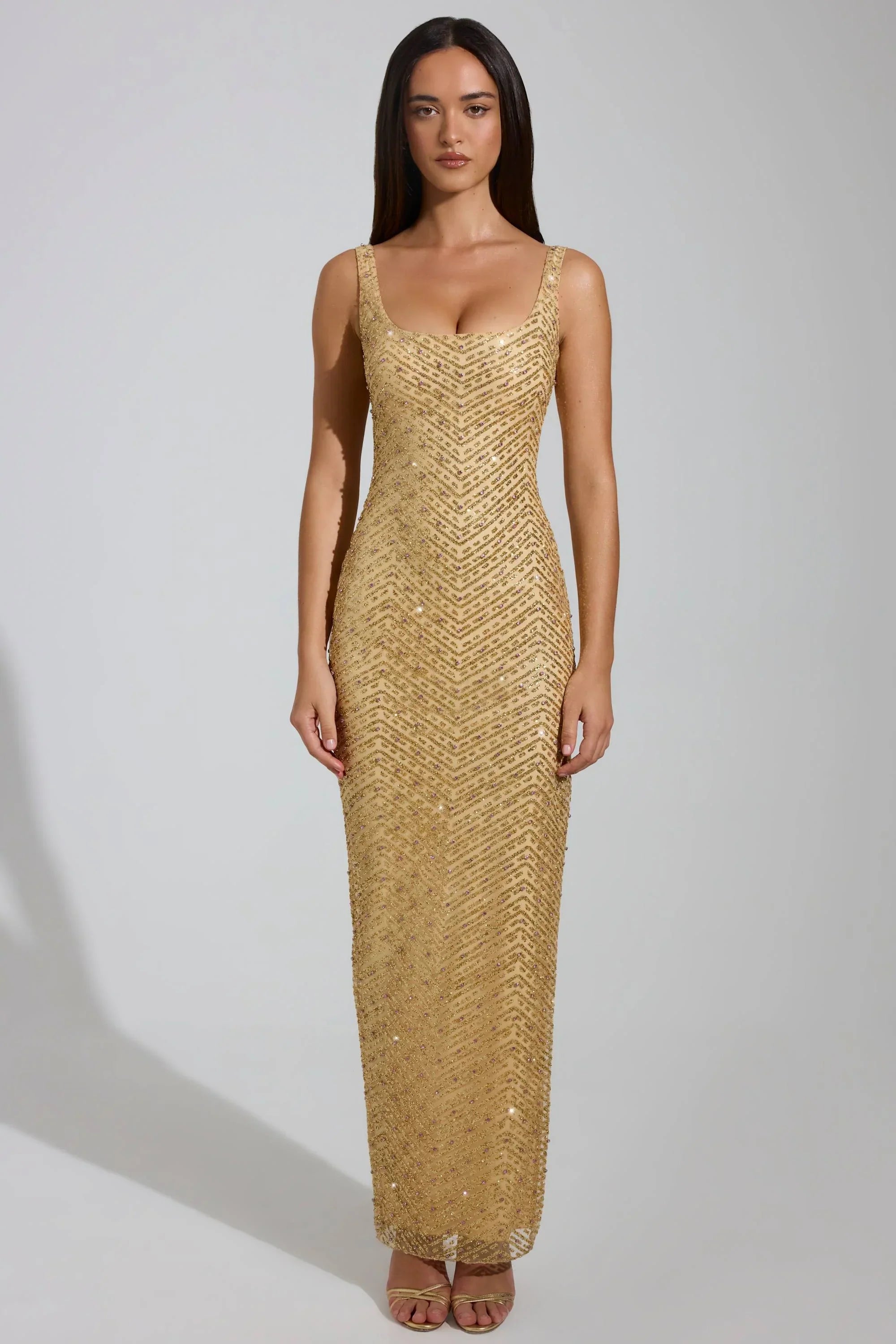 Embellished Scoop Neck Thigh Split Maxi Dress in Gold