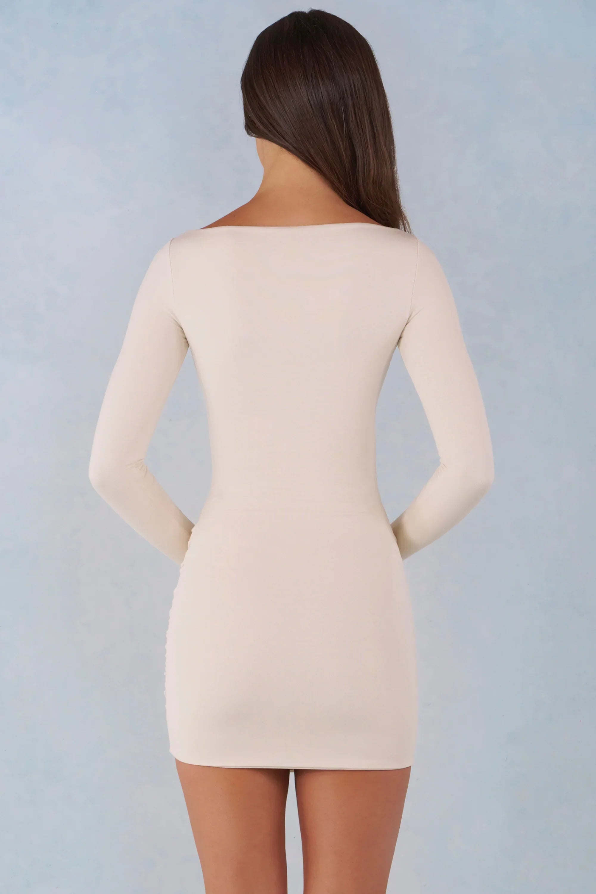 Modal Boat Neck Draped Long Sleeve Mini Dress in Ivory