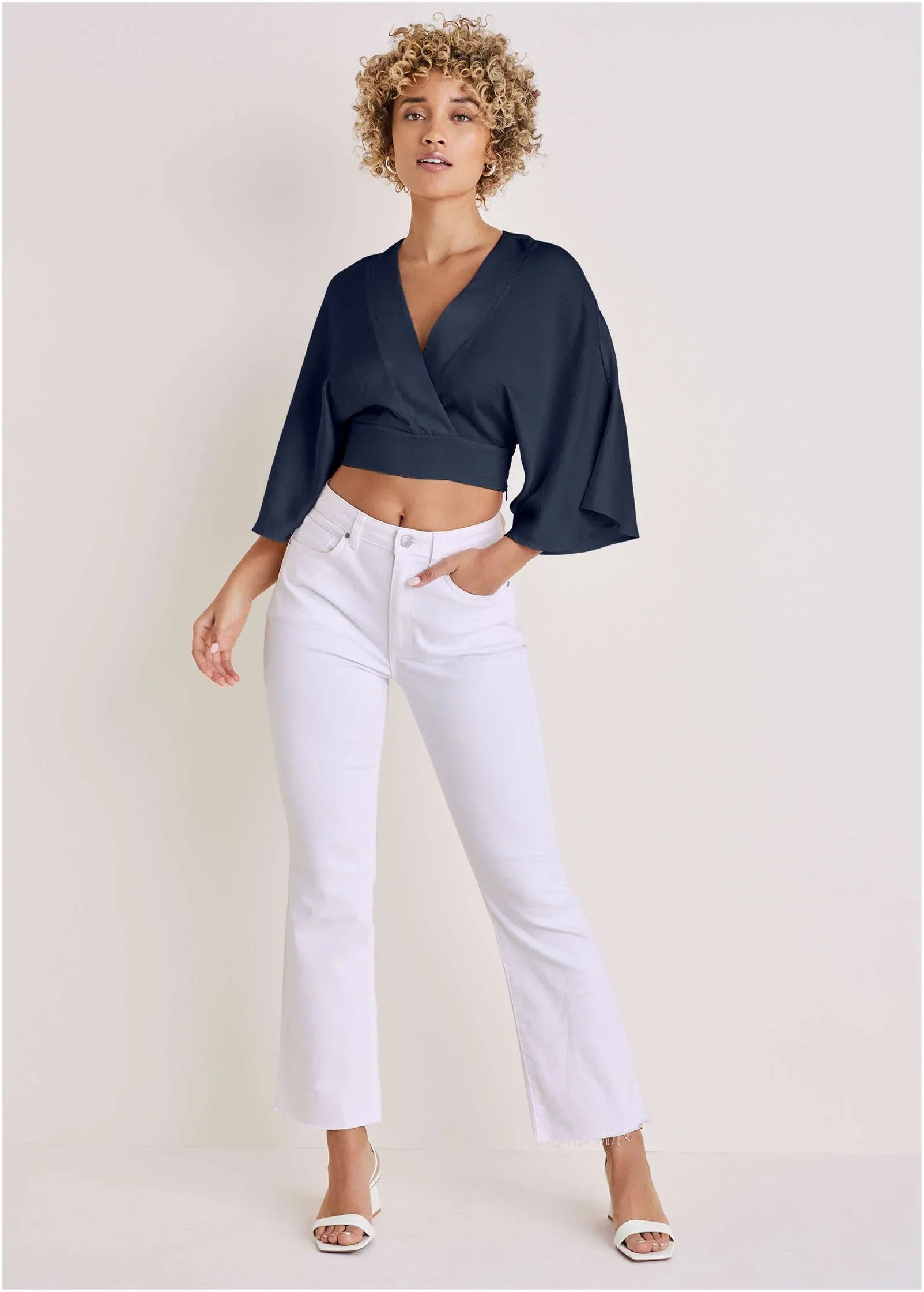 Kimono Sleeve Faux Wrap Top Navy