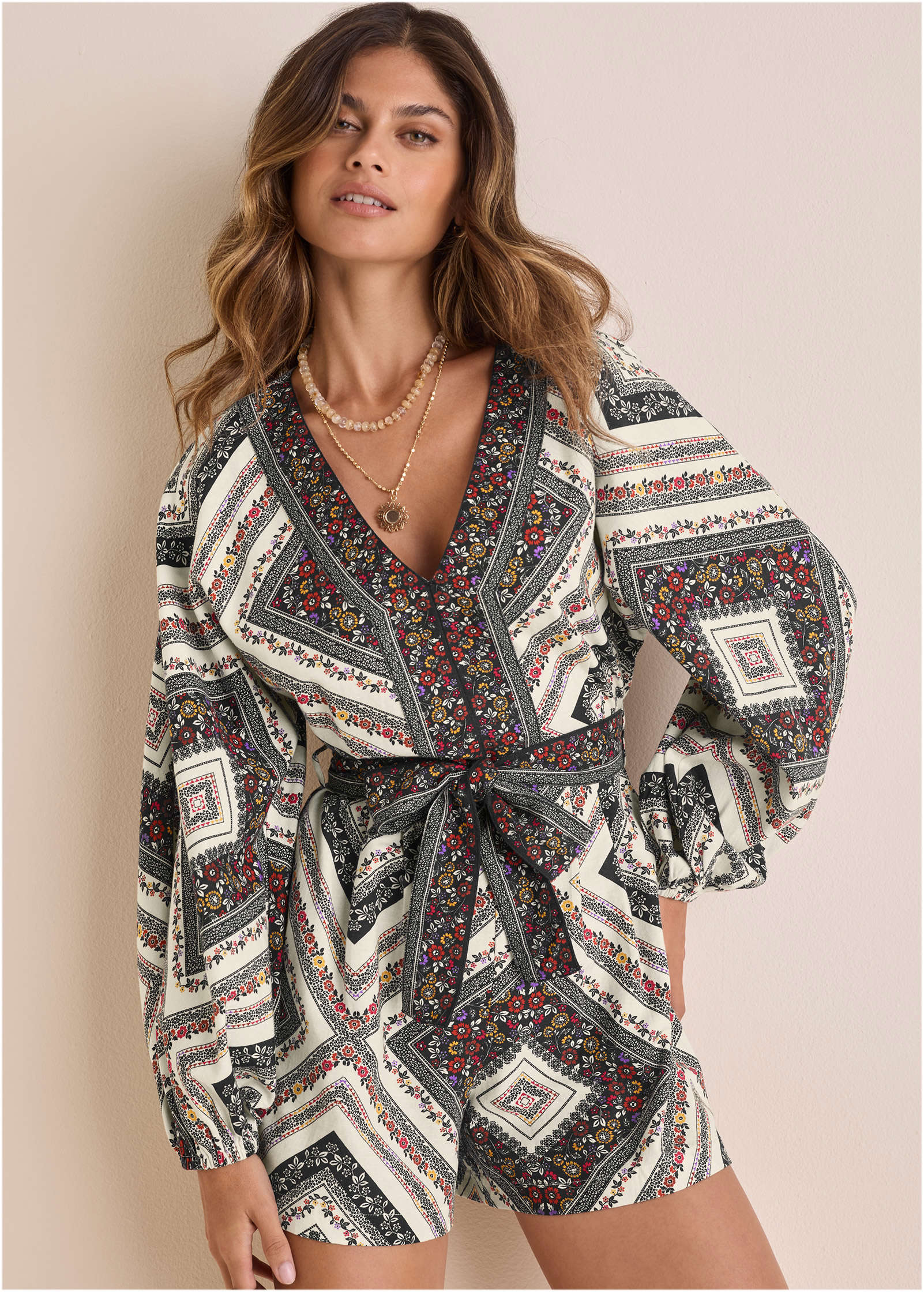Linen Tie Waist Romper Summer Prairie Patchwork Floral