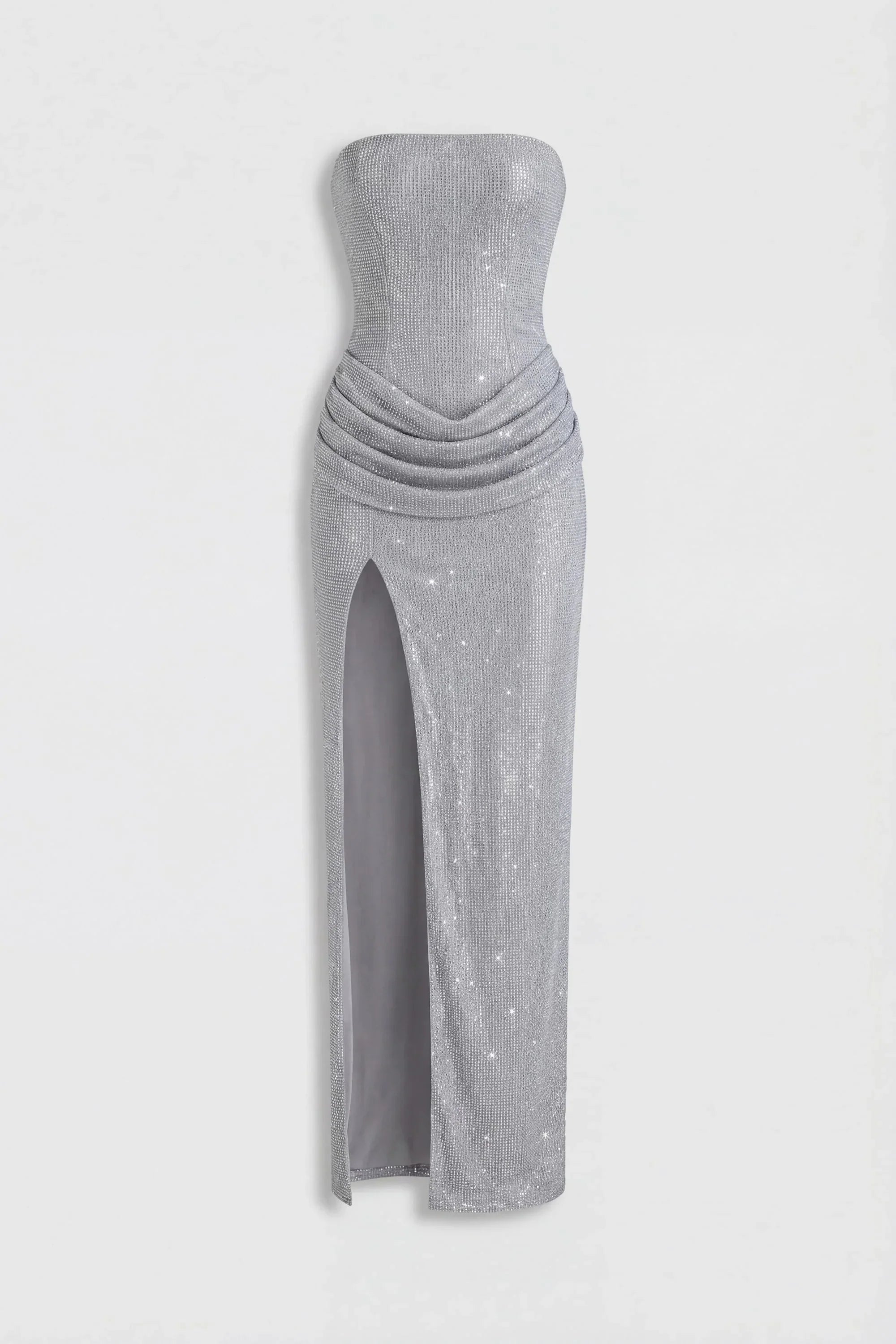 Embellished Bandeau Cowl Waist Maxi Dress in Silver