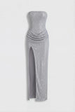 Embellished Bandeau Cowl Waist Maxi Dress in Silver