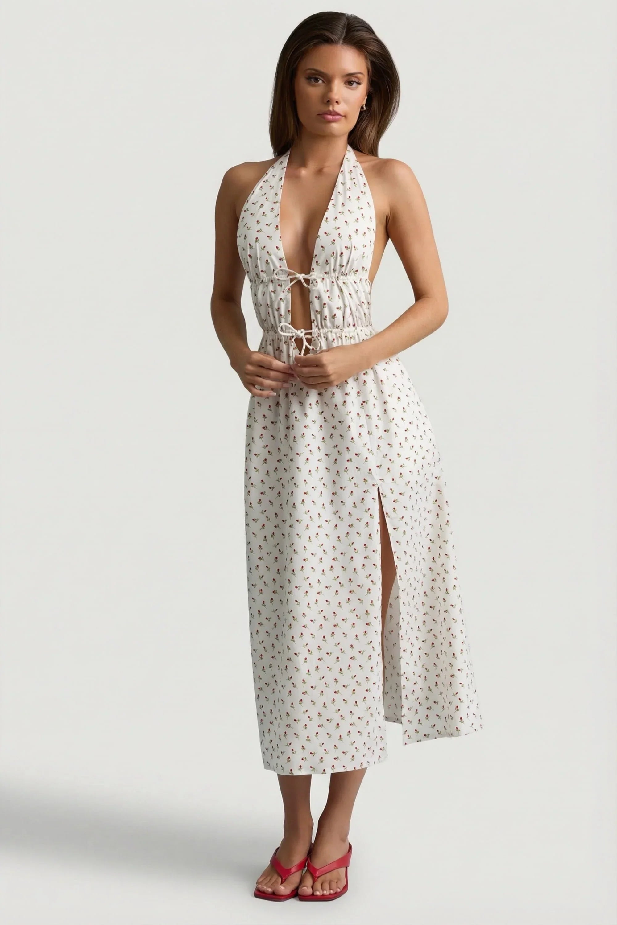 Backless Cotton Poplin Midaxi Dress in Rose Print
