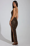 Embellished Scoop Neck Thigh Split Maxi Dress in Brown