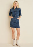 Lace Print Denim Mini Dress Medium Wash