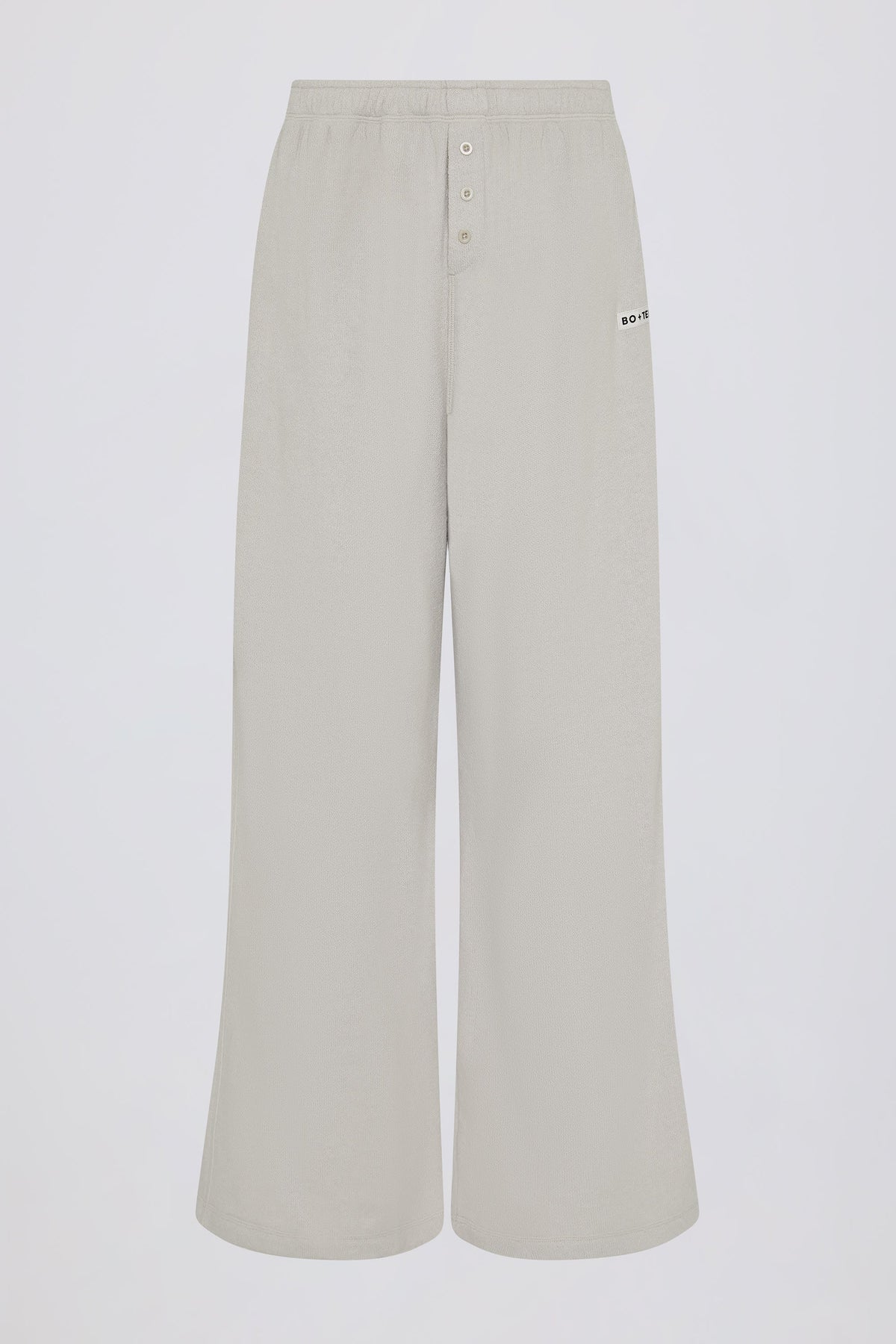 Textured Cotton Button Low Rise Wide Leg Joggers in Light Grey
