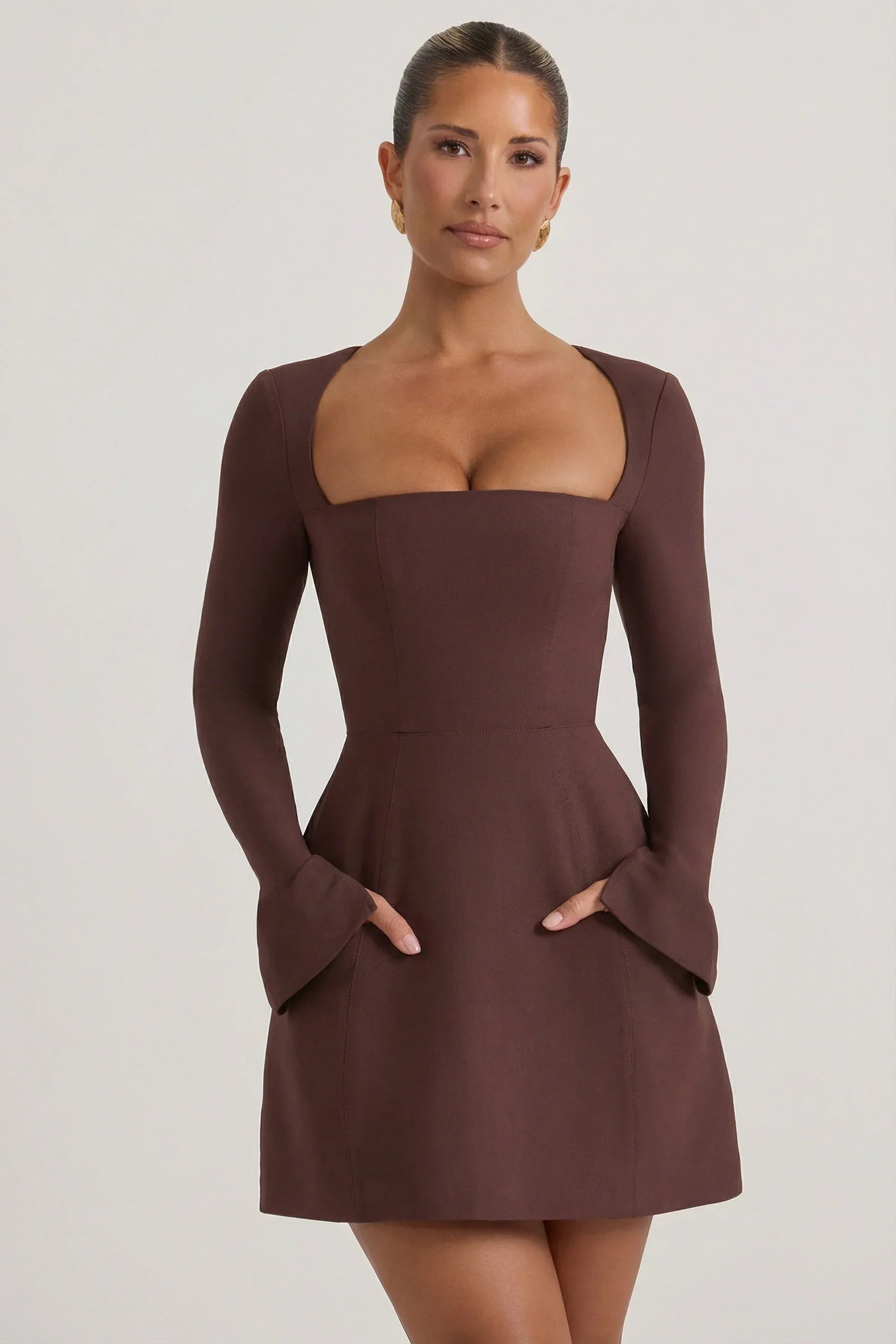 Square Neck Structured Tulip Mini Dress in Chocolate Brown
