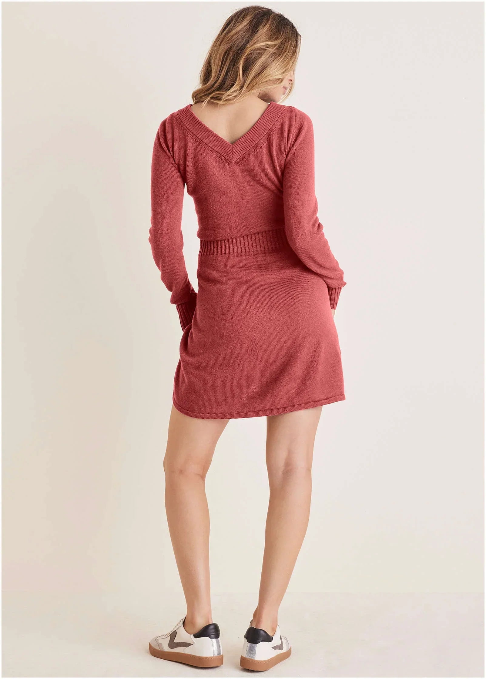 V Neck Mini Sweater Dress Mineral Red