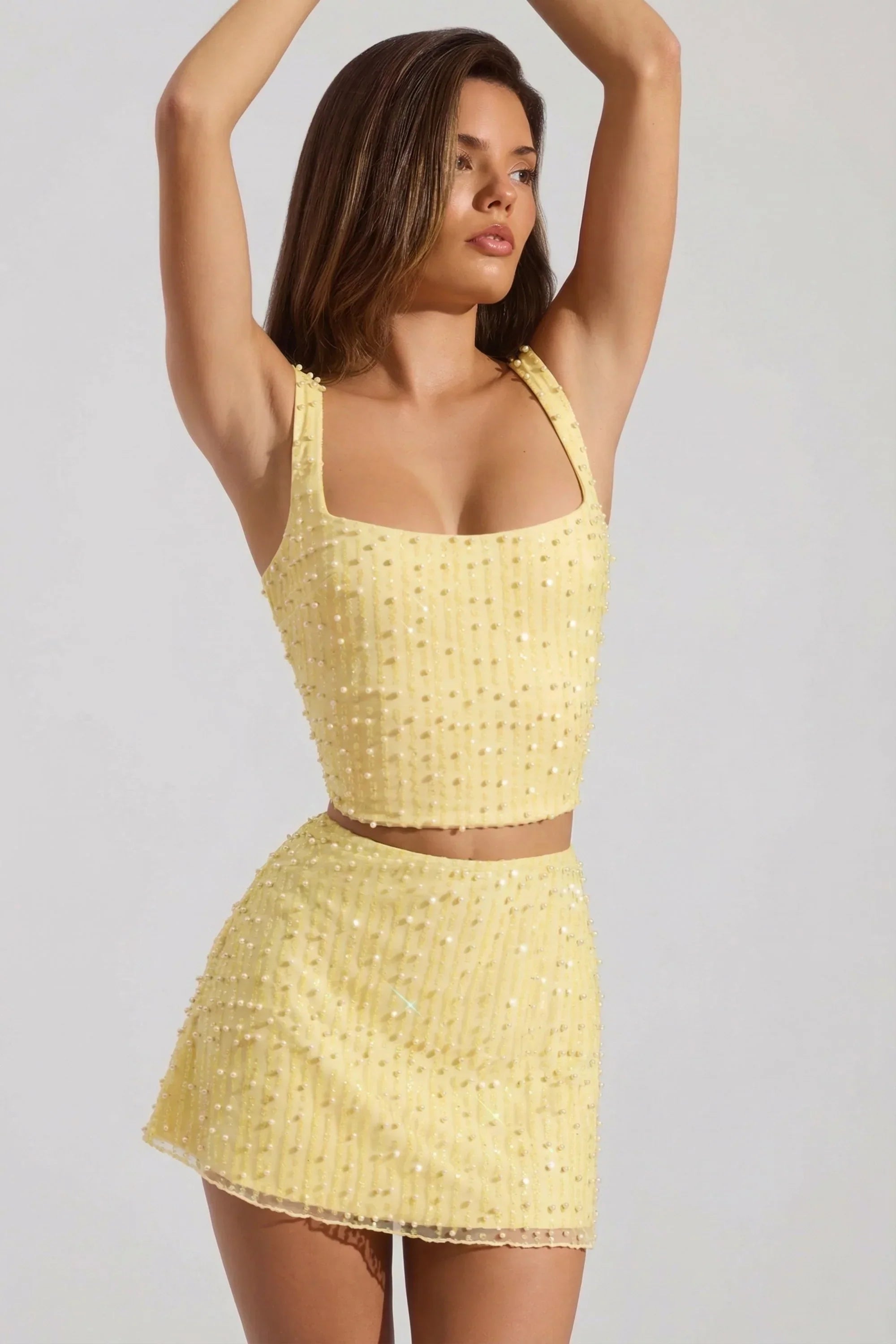 Embellished Low Rise Mini Skirt in Yellow