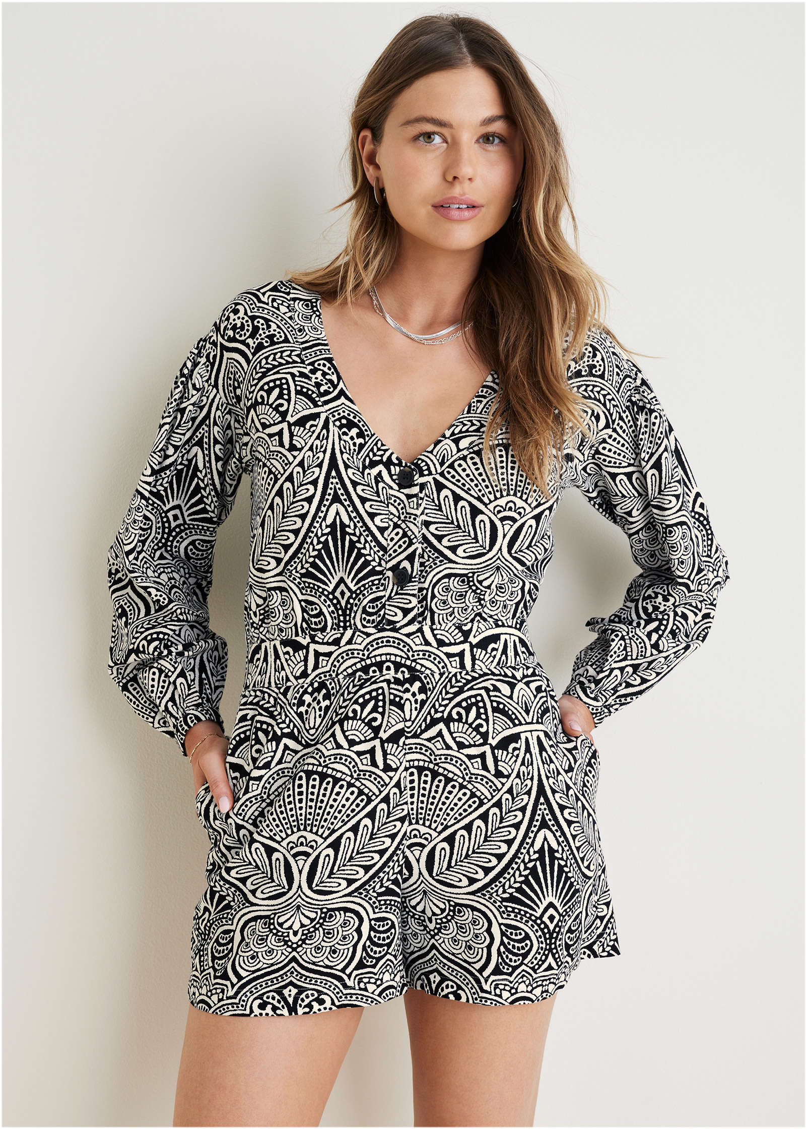 Linen Printed Romper Modern Folk Bicolor