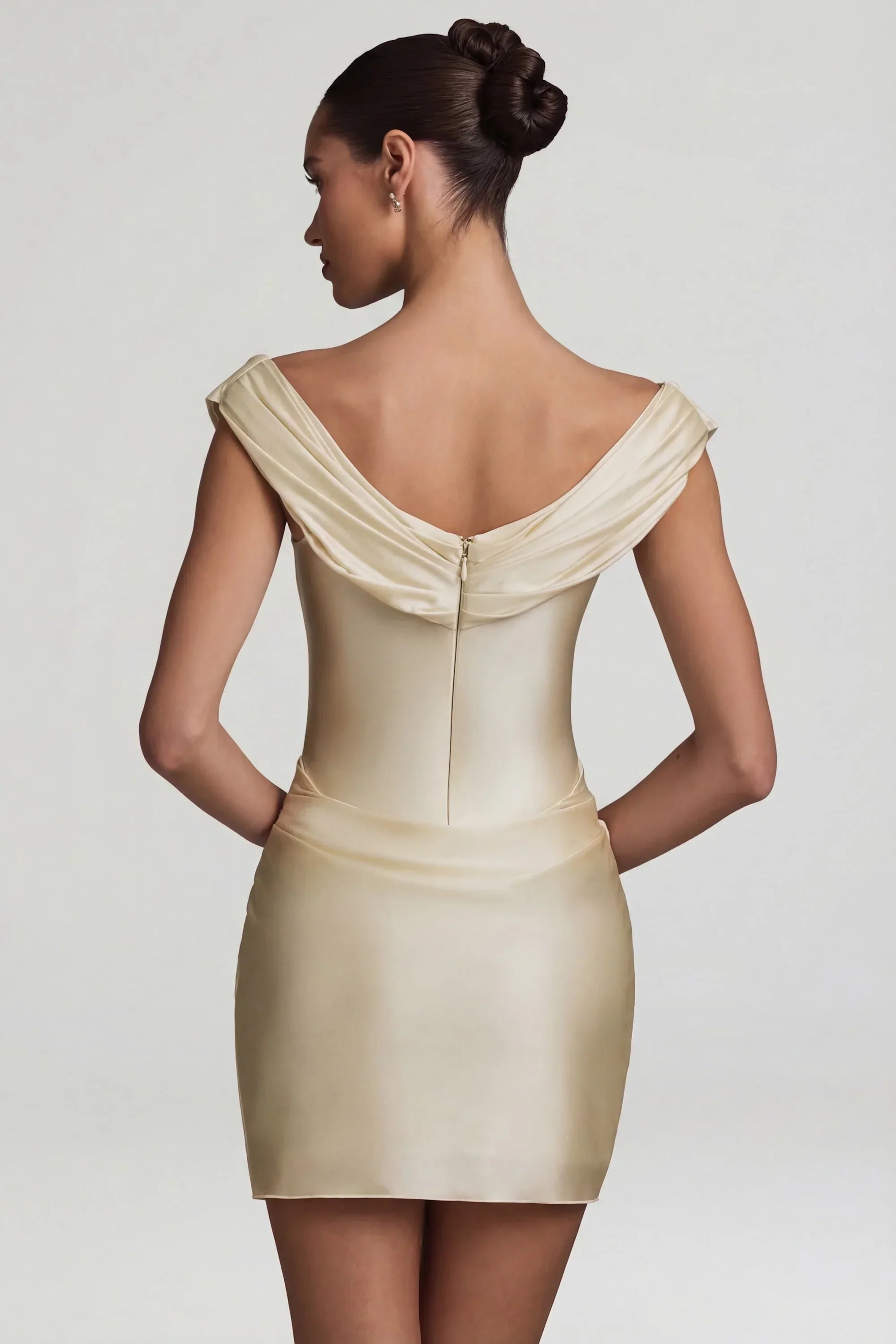 Satin Off Shoulder Draped Mini Dress in Ivory